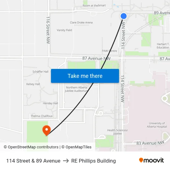 114 Street & 89 Avenue to RE Phillips Building map