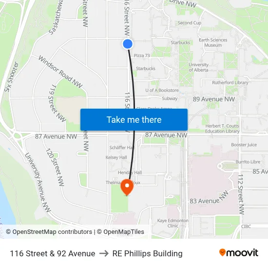 116 Street & 92 Avenue to RE Phillips Building map