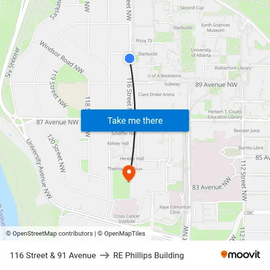116 Street & 91 Avenue to RE Phillips Building map
