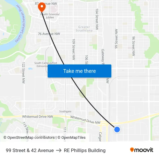 99 Street & 42 Avenue to RE Phillips Building map