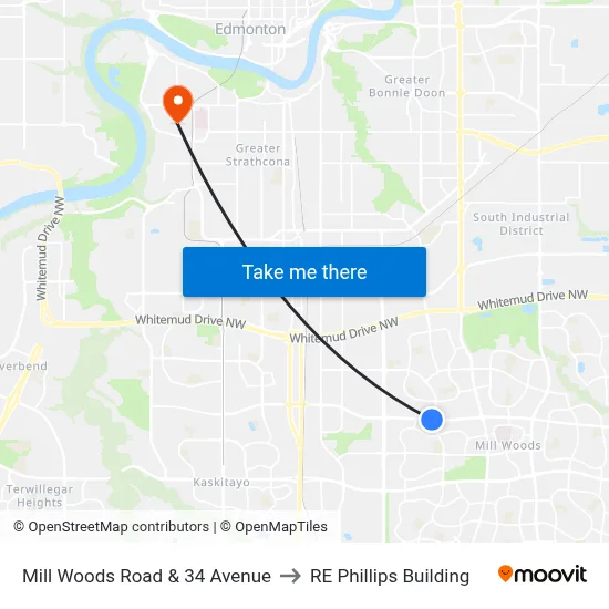 Mill Woods Road & 34 Avenue to RE Phillips Building map