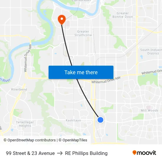 99 Street & 23 Avenue to RE Phillips Building map