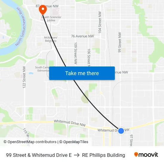 99 Street & Whitemud Drive E to RE Phillips Building map