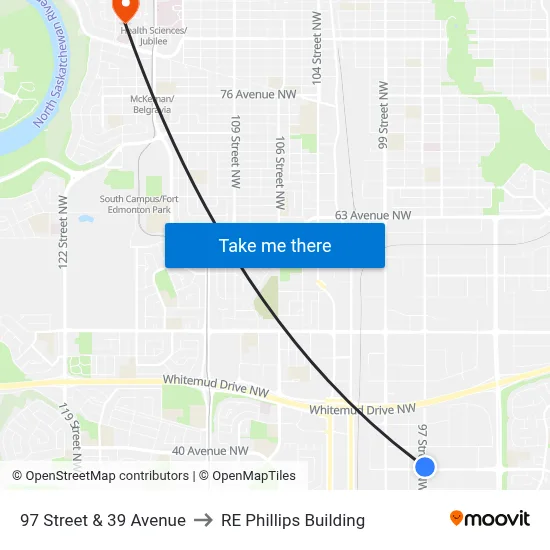 97 Street & 39 Avenue to RE Phillips Building map