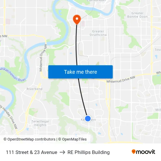 111 Street & 23 Avenue to RE Phillips Building map