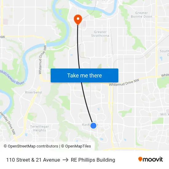 110 Street & 21 Avenue to RE Phillips Building map