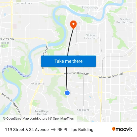 119 Street & 34 Avenue to RE Phillips Building map