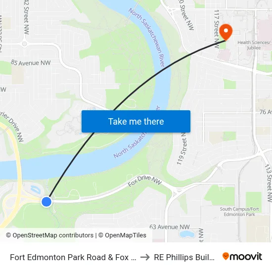 Fort Edmonton Park Road & Fox Drive to RE Phillips Building map