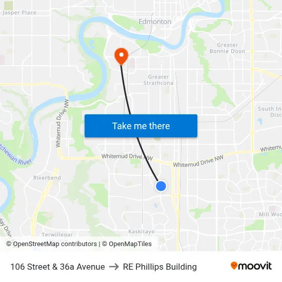 106 Street & 36a Avenue to RE Phillips Building map