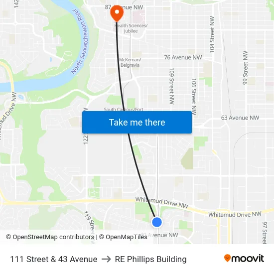 111 Street & 43 Avenue to RE Phillips Building map
