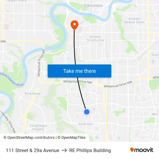 111 Street & 29a Avenue to RE Phillips Building map