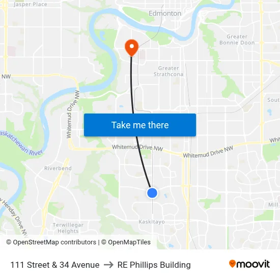 111 Street & 34 Avenue to RE Phillips Building map