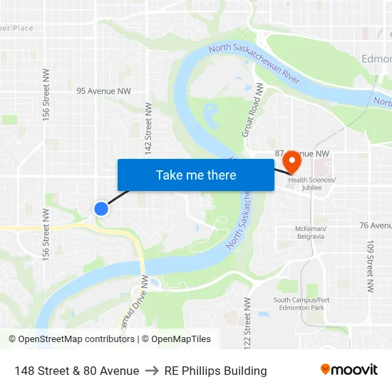148 Street & 80 Avenue to RE Phillips Building map