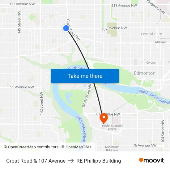 Groat Road & 107 Avenue to RE Phillips Building map