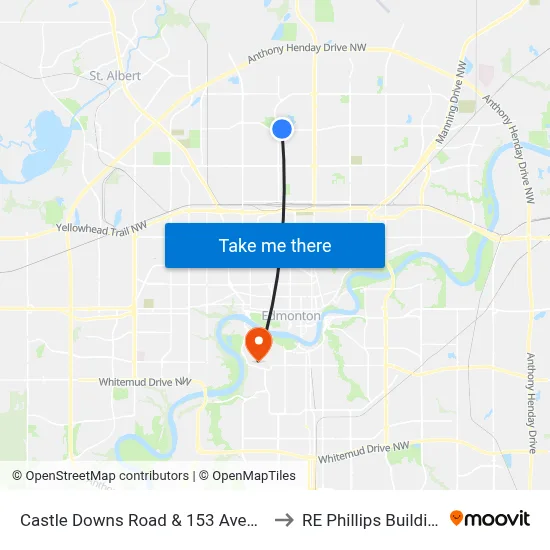 Castle Downs Road & 153 Avenue to RE Phillips Building map