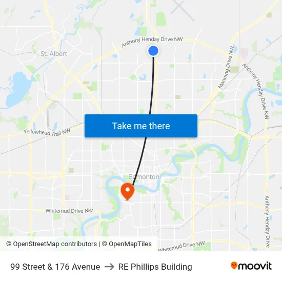 99 Street & 176 Avenue to RE Phillips Building map