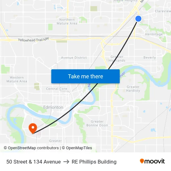 50 Street & 134 Avenue to RE Phillips Building map
