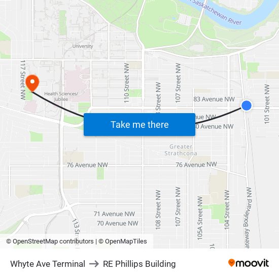 Whyte Ave Terminal to RE Phillips Building map