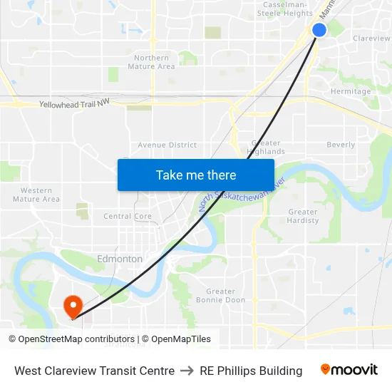 West Clareview Transit Centre to RE Phillips Building map
