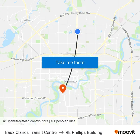 Eaux Claires Transit Centre to RE Phillips Building map