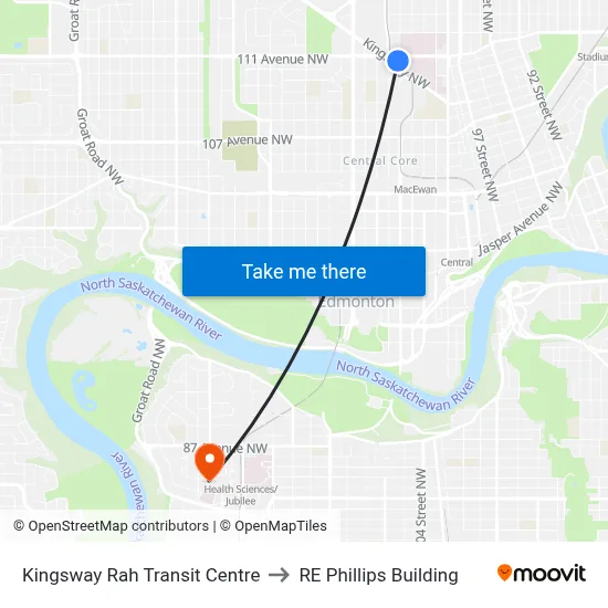 Kingsway Rah Transit Centre to RE Phillips Building map