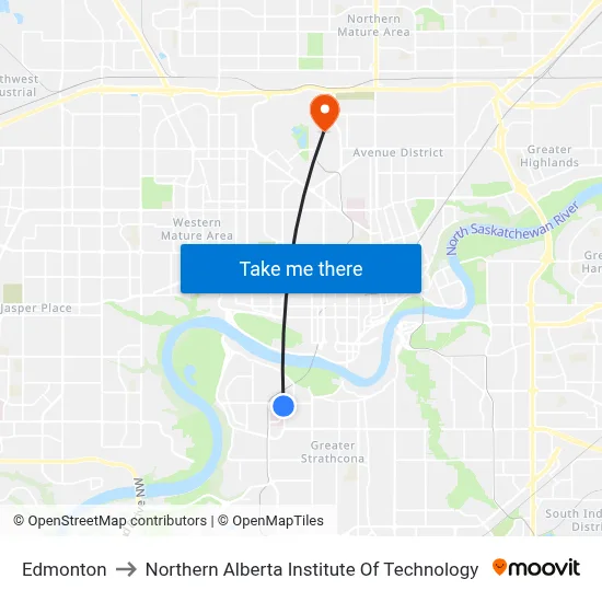 Edmonton to Northern Alberta Institute Of Technology map
