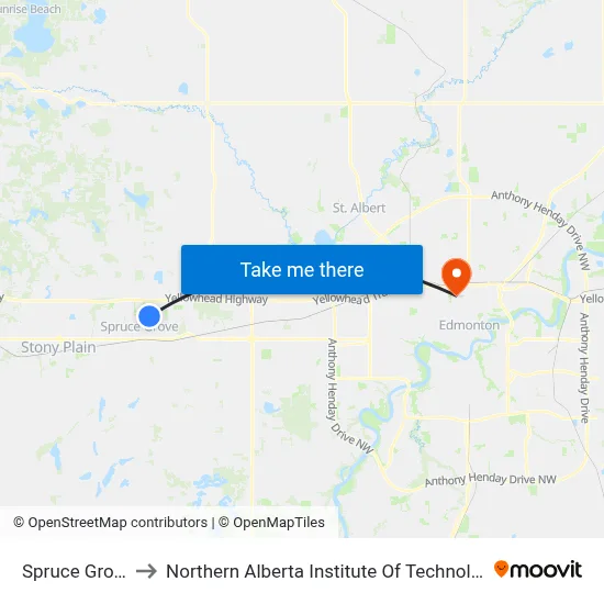 Spruce Grove to Northern Alberta Institute Of Technology map