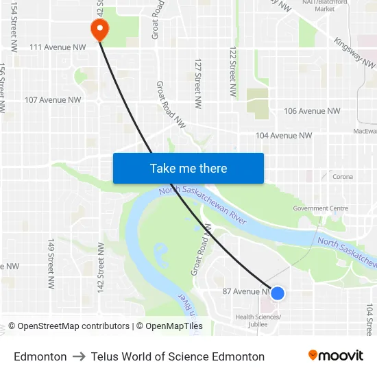 Edmonton to Telus World of Science Edmonton map