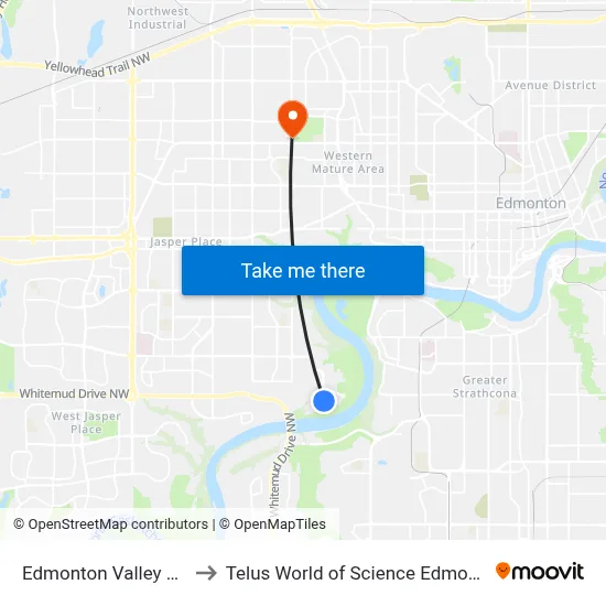Edmonton Valley Zoo to Telus World of Science Edmonton map