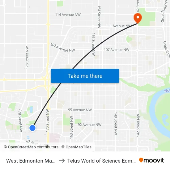 West Edmonton Mall Inn to Telus World of Science Edmonton map