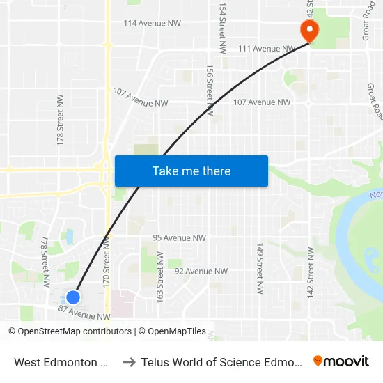 West Edmonton Mall to Telus World of Science Edmonton map