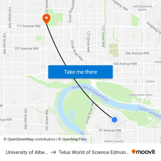 University of Alberta to Telus World of Science Edmonton map