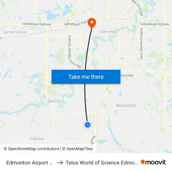 Edmonton Airport YEG to Telus World of Science Edmonton map