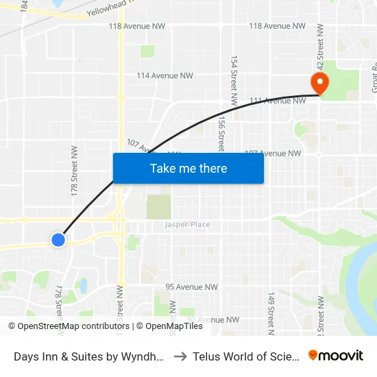 Days Inn & Suites by Wyndham West Edmonton to Telus World of Science Edmonton map