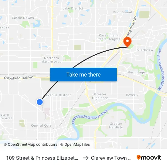 109 Street & Princess Elizabeth Avenue to Clareview Town Centre map