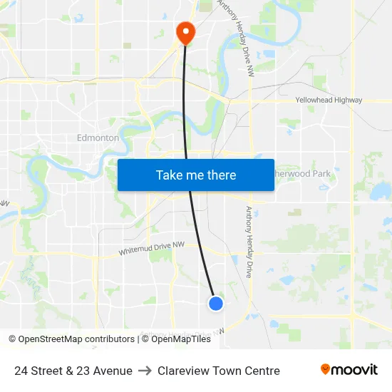 24 Street & 23 Avenue to Clareview Town Centre map