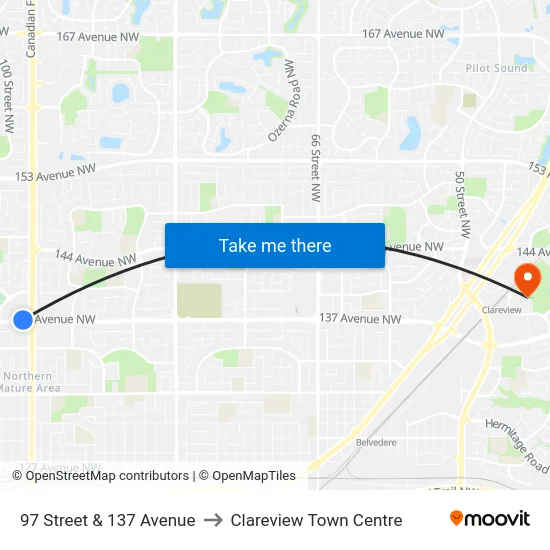 97 Street & 137 Avenue to Clareview Town Centre map
