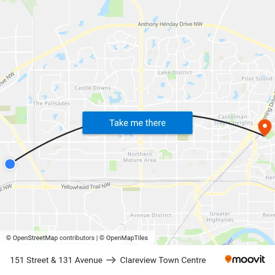 151 Street & 131 Avenue to Clareview Town Centre map