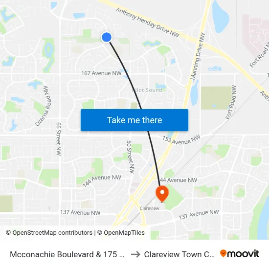 Mcconachie Boulevard & 175 Avenue to Clareview Town Centre map