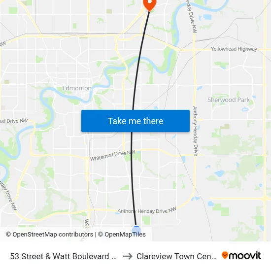 53 Street & Watt Boulevard SW to Clareview Town Centre map