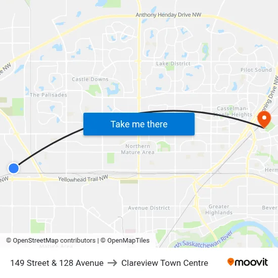 149 Street & 128 Avenue to Clareview Town Centre map