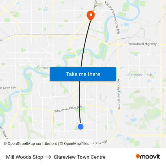Mill Woods Stop to Clareview Town Centre map
