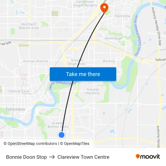 Bonnie Doon Stop to Clareview Town Centre map