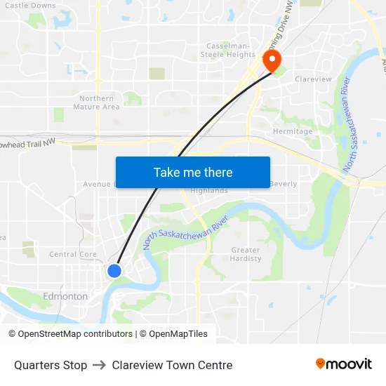 Quarters Stop to Clareview Town Centre map