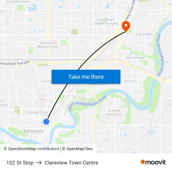 102 St Stop to Clareview Town Centre map