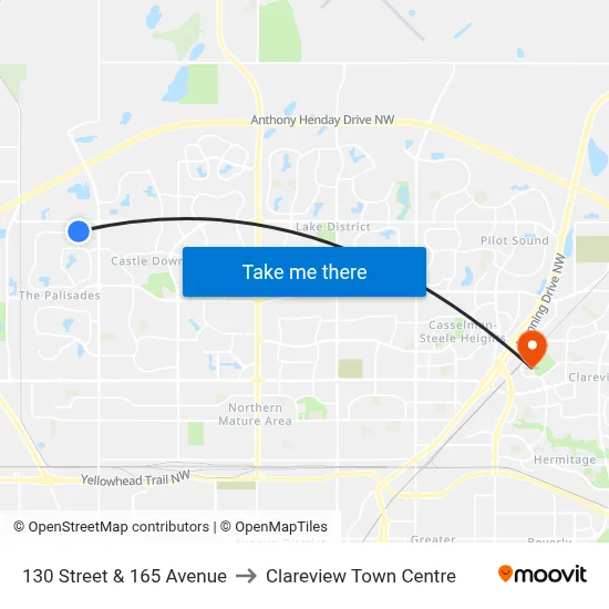 130 Street & 165 Avenue to Clareview Town Centre map