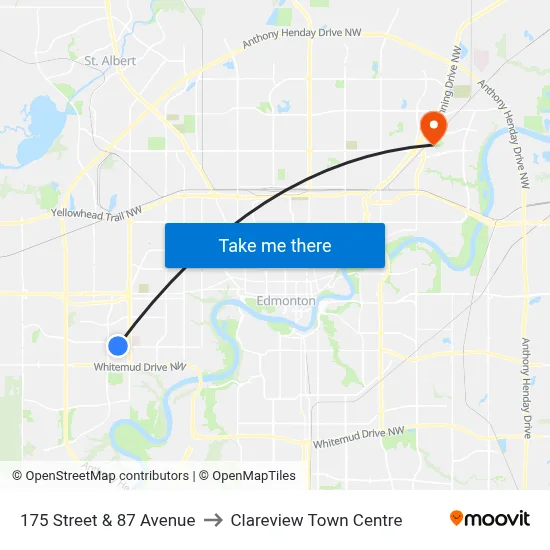 175 Street & 87 Avenue to Clareview Town Centre map