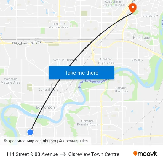 114 Street & 83 Avenue to Clareview Town Centre map