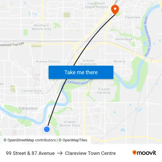 99 Street & 87 Avenue to Clareview Town Centre map