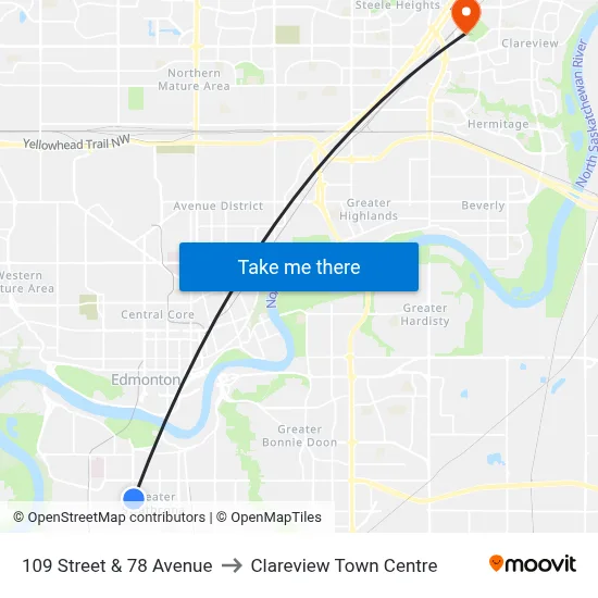 109 Street & 78 Avenue to Clareview Town Centre map